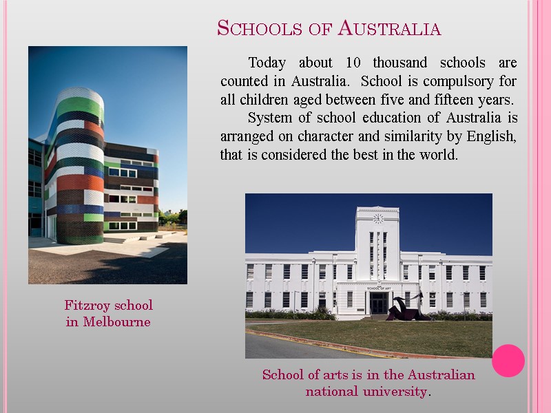 Schools of Australia Today about 10 thousand schools are counted in Australia.  School